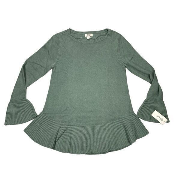 Style & Co Peplum Sweater Womens Sz XS Green Bell Sleeve Ruffle Knit Romcom NWT - Picture 1 of 16